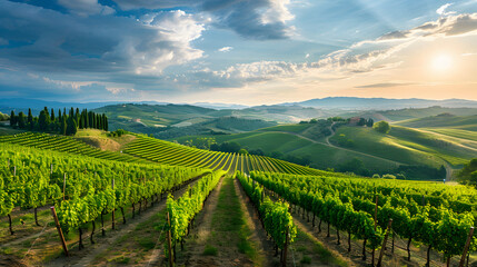 A vineyard in Tuscany Italy with rolling hills and rows of grapevines.
