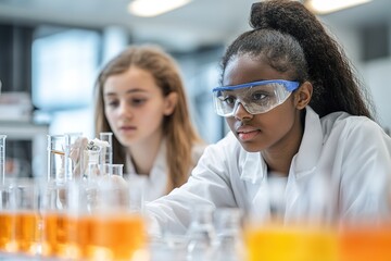 Students conduct chemical experiment in lab