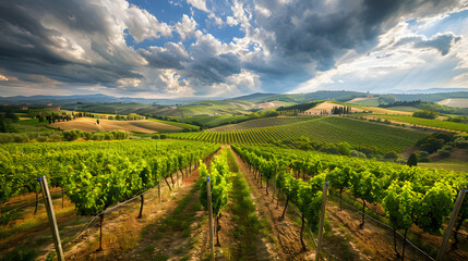 Fototapeta premium A vineyard in Tuscany Italy with rolling hills and rows of grapevines.