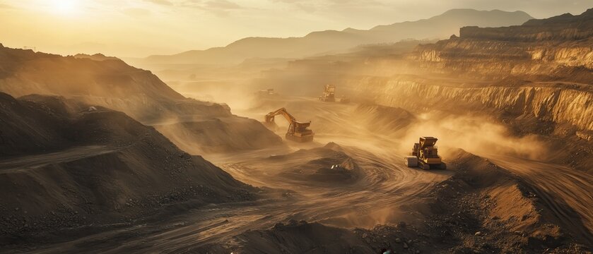 Sunset Over a Copper Mining Quarry. Vast open-pit copper mine during sunset, showcasing excavation equipment in action amidst dusty terrain and golden light.