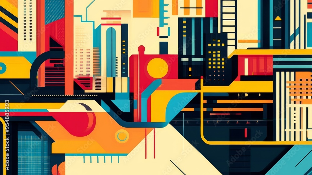 Poster a colorful graphic illustration of a cityscape with bold lines and shapes, highlighting the dynamic 