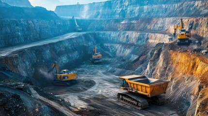 Deep Excavation in Copper Mine Pit. Deep excavation site within a copper mine pit, featuring multiple excavators working on steep terraced walls under a cloudy sky.