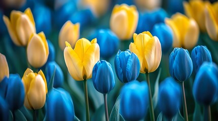 Obraz premium A field of blue and yellow tulips