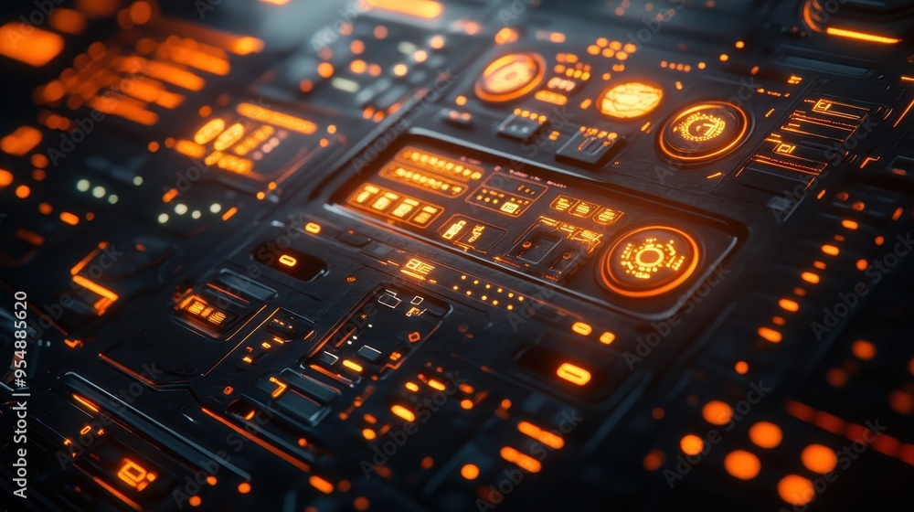 Poster futuristic interface with orange glowing buttons and controls.