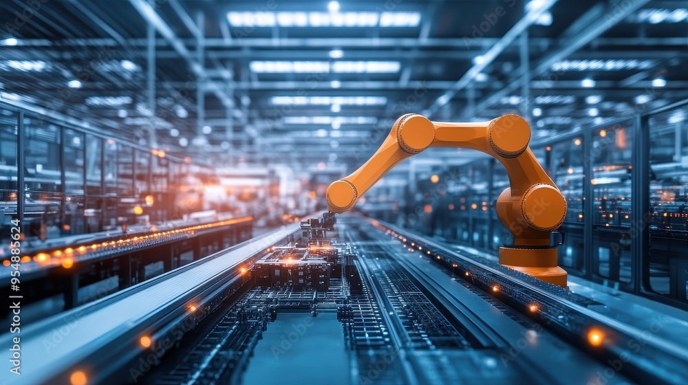 Poster futuristic robotic arm in smart factory automation