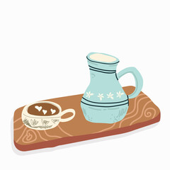 Coffee, capuccino cup, served on wooden board, tray. Cozy aesthetic jug. Flat vector illustration.