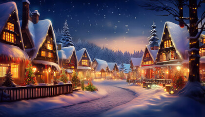 Magical Snow-Covered Christmas Village Illuminated by Festive Evening Lights