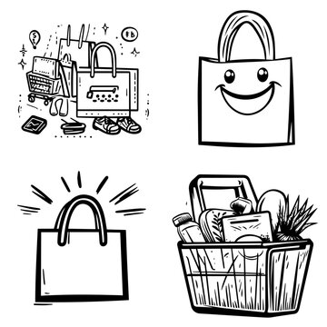 Shopping Bags and Basket Doodle Vector Illustration for Retail Concepts