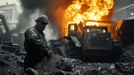 Fototapeta premium Industrial Worker in Metal Processing Plant. Worker in a hard hat stands in front of heavy machinery in a metal processing plant, highlighting the scale and industrial environment.