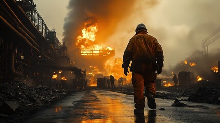 Copper Foundry with Flames and Smoke. Dramatic scene in a copper foundry with flames and smoke, as workers operate heavy machinery in a high-intensity industrial setting.