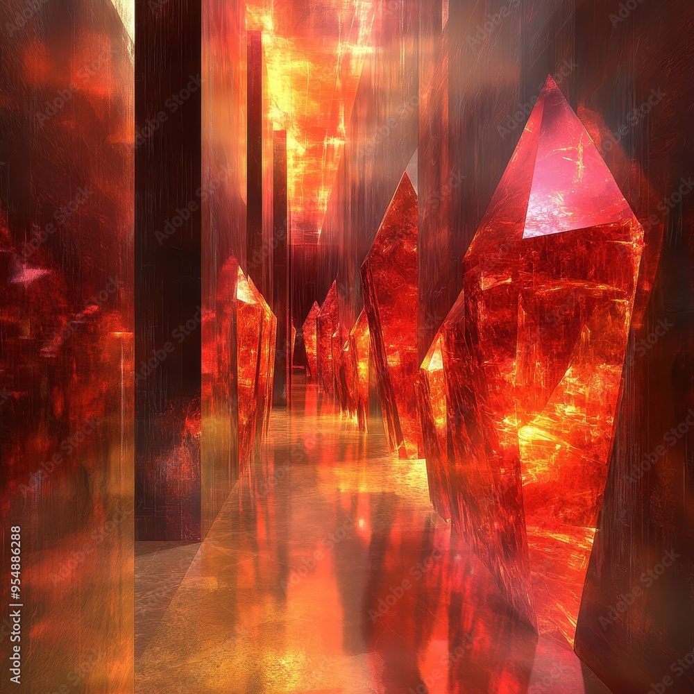 Poster abstract red crystal corridor - surreal architecture 3d render.