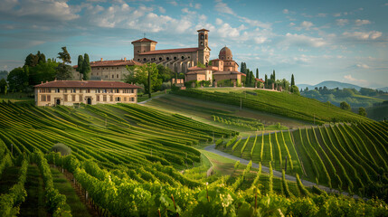 A vineyard in Piedmont Italy with a historic monastery and surrounding grapevines.