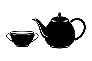 Minimalist teapot with tea cup icon vector silhouette  white background