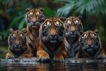 Five majestic tigers pose together near water in jungle. Pride with alpha leader in front. Rare endangered species emphasizes wildlife conservation importance. Concept of biodiversity preservation
