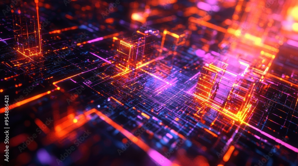 Poster abstract neon grid structure with glowing lines and cubes - futuristic technology background.