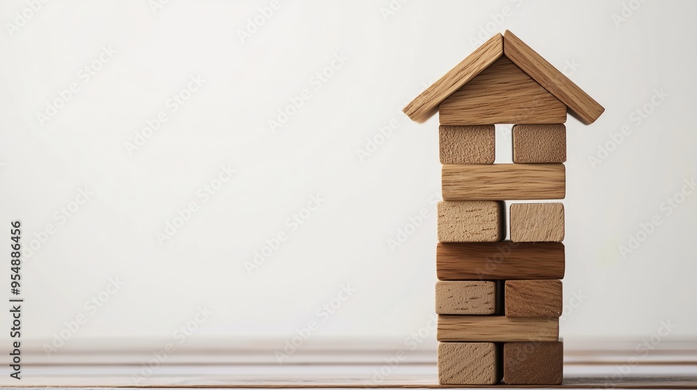 Poster creative wooden block structure resembling a house stacked on a wooden surface with a soft backgroun