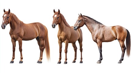 Three horses standing in a row, one is brown and the other two are brown