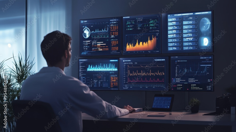 Poster data analyst examining financial reports and statistics on multiple monitors