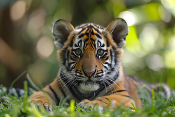 Fototapeta premium Young adolescent tiger lying down, gazing straight ahead on green grass against blurred bokeh forest or jungle background. Majestic predator in natural habitat, vulnerable stage of endangered species