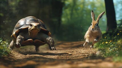 Obraz premium With a determined tortoise and a swift hare making their way through a forest path, this image brings to life the tale of the turtle versus the rabbit's race.