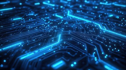 Obraz premium Abstract Blue Circuit Board Background with Glowing Lines and Dots.