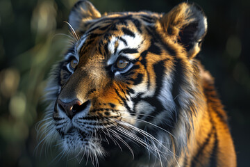 Fototapeta premium Tiger looks to side, close up. Majestic predator exudes confidence and intensity. Rare endangered species highlights importance of wildlife conservation. Concept of biodiversity preservation