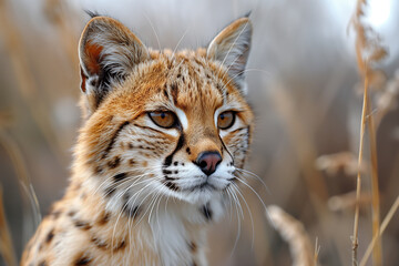 Fototapeta premium Cheetah portrait in dry grass, gazing sideways. Blurred background with copy space. Banner or poster. Endangered big cat in natural habitat. Wildlife conservation and threatened species awareness