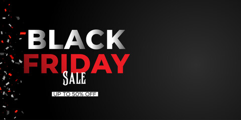 Black Friday sale banner with confetti on black background.