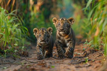 Obraz premium Two small rare Bengal tiger cubs, brothers, walking path surrounded by green plants. Endangered siblings explore lush habitat together. Preserving natural environments, protecting wildlife families