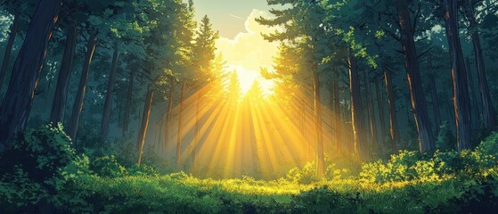Obraz premium Sunbeams Through the Forest - A Serene Nature Landscape Illustration.