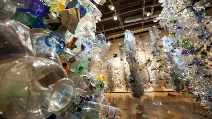Envision an artist's studio where recycled materials are transformed into stunning works of art. The artist uses discarded items like plastic bottles, newspapers