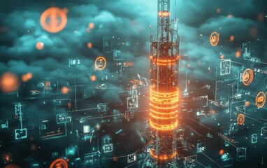 Fototapeta premium Futuristic Cityscape with Glowing Tower and Digital Interface.