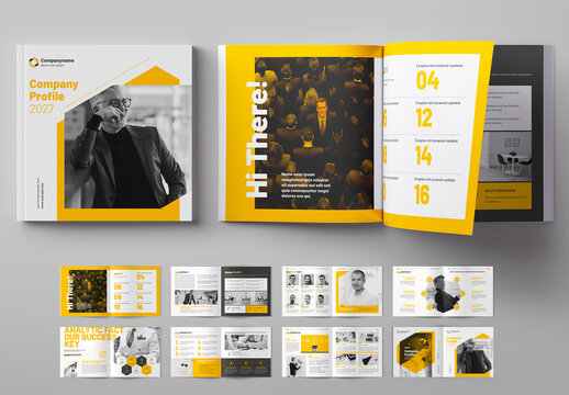 Square Company Profile Layout with Yellow Accents