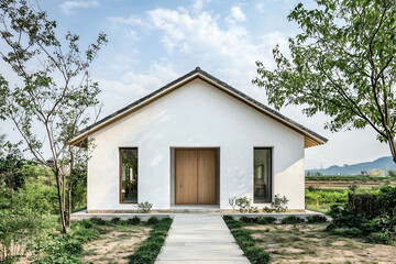 Minimalist white house in a rural landscape under clear blue sky