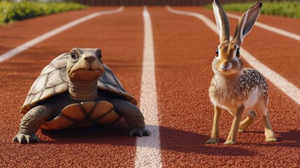 On adjacent lanes of a track, a tortoise and hare prepare for an iconic race, illustrating the timeless tale of contrasting speeds, patience, and quickness.