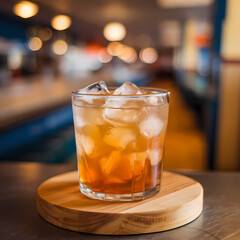A glass of whiskey placed on a rustic wooden coaster, highlighting the rich amber color of the drink.