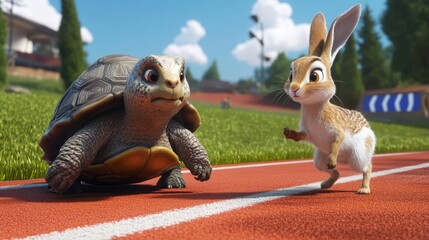 The hare appears energetic and ready to race while the turtle is steadily positioned on a sports track, reflecting the narrative of the 'The Tortoise and the Hare'. © Milan