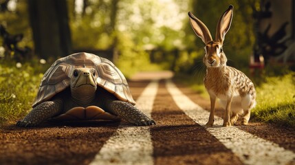 A turtle and a hare are shown on a forest path, with the hare looking at the turtle symbolizing the tale of 'The Tortoise and the Hare', reflecting a moral lesson. © Milan