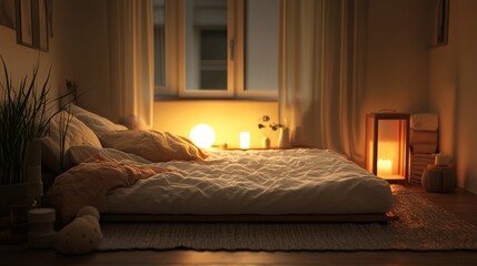 A cozy minimalist bedroom with a comfortable mattress on the floor, layered textiles, and soft lighting, creating a warm and inviting atmosphere.