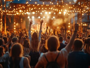 Oktoberfest crowd cheering and raising their hands during a popular song, full of energy and enthusiasm