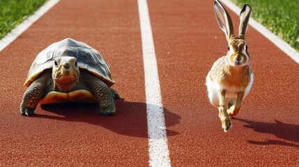 A vivid photograph showing a tortoise and a hare side by side on a running track, bringing the famous race fable into a realistic modern-day setting. © Milan