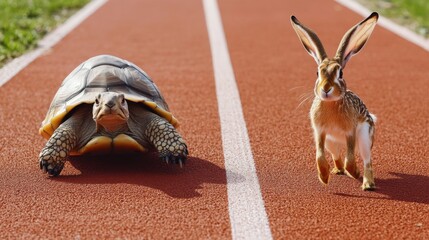 Photograph depicting a tortoise and a hare side by side on a red running track, prepared to compete, personifying the famous fable about perseverance and humility. © Milan