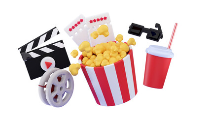 3d Cinema movie concept Popcorn bucket with elements on the podium Minimal three-dimensional 3D render illustration