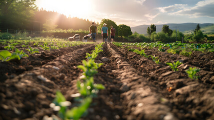 Farmers working on an organic farm planting diverse crops.