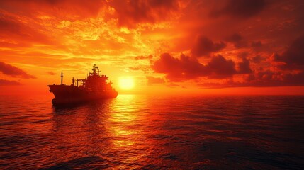Obraz premium Silhouette of a ship against a vibrant sunset over the ocean