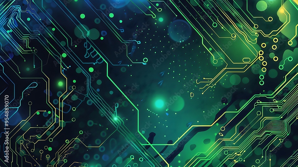 Poster abstract image of circuit board with glowing green and blue lines and dots on a black background.