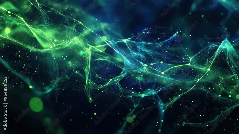 Poster abstract green and blue network background with glowing particles.