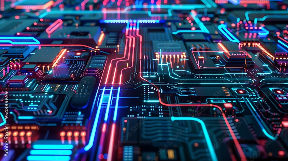 Poster close-up of a circuit board with glowing lines and wires represents the complexity of modern technol