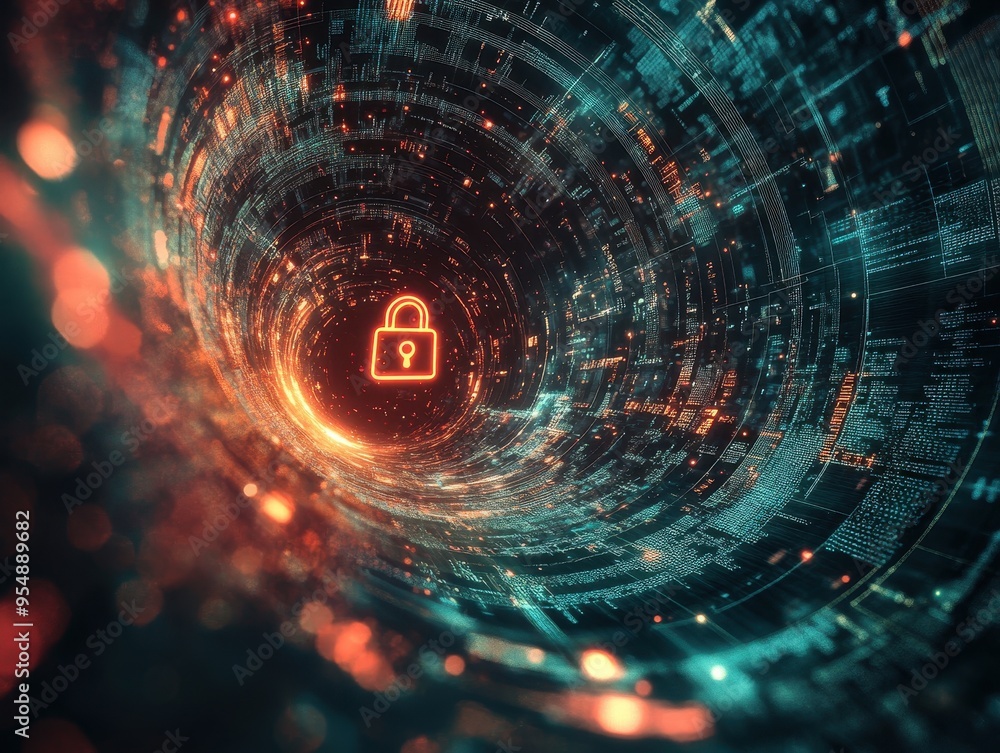 Poster abstract cyber security background with glowing padlock and digital code - futuristic technology con