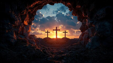 Three crosses at sunrise viewed from inside a cave